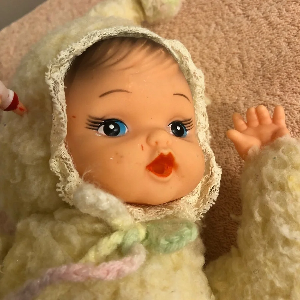 Vintage 13” Baby Doll With Bottle in Fleece Bunting